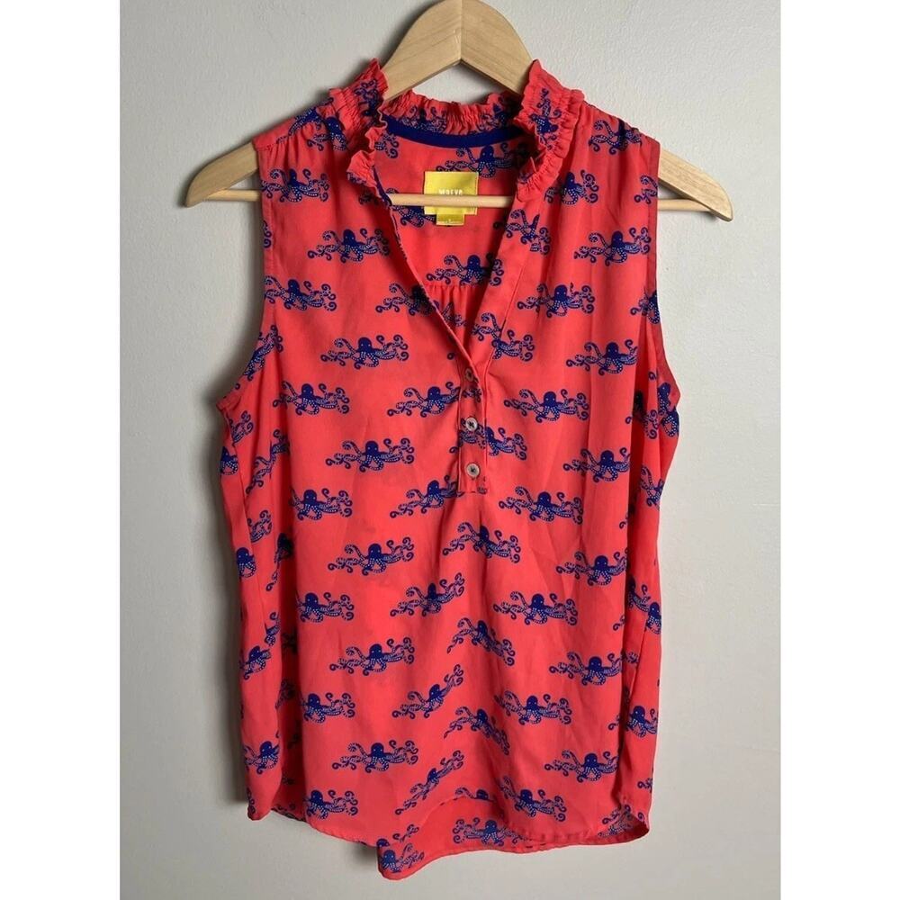 Maeve Anthropologie Octopus Print Sleeveless Blouse Coral Pink Blue Size 2 Wm’s